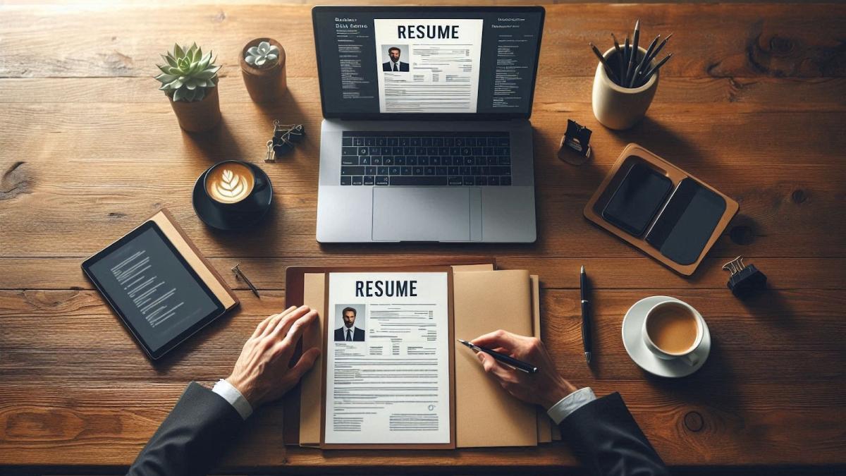 Overhead view of a desk with a laptop displaying a resume, a printed resume on a clipboard, coffee, and office supplies.